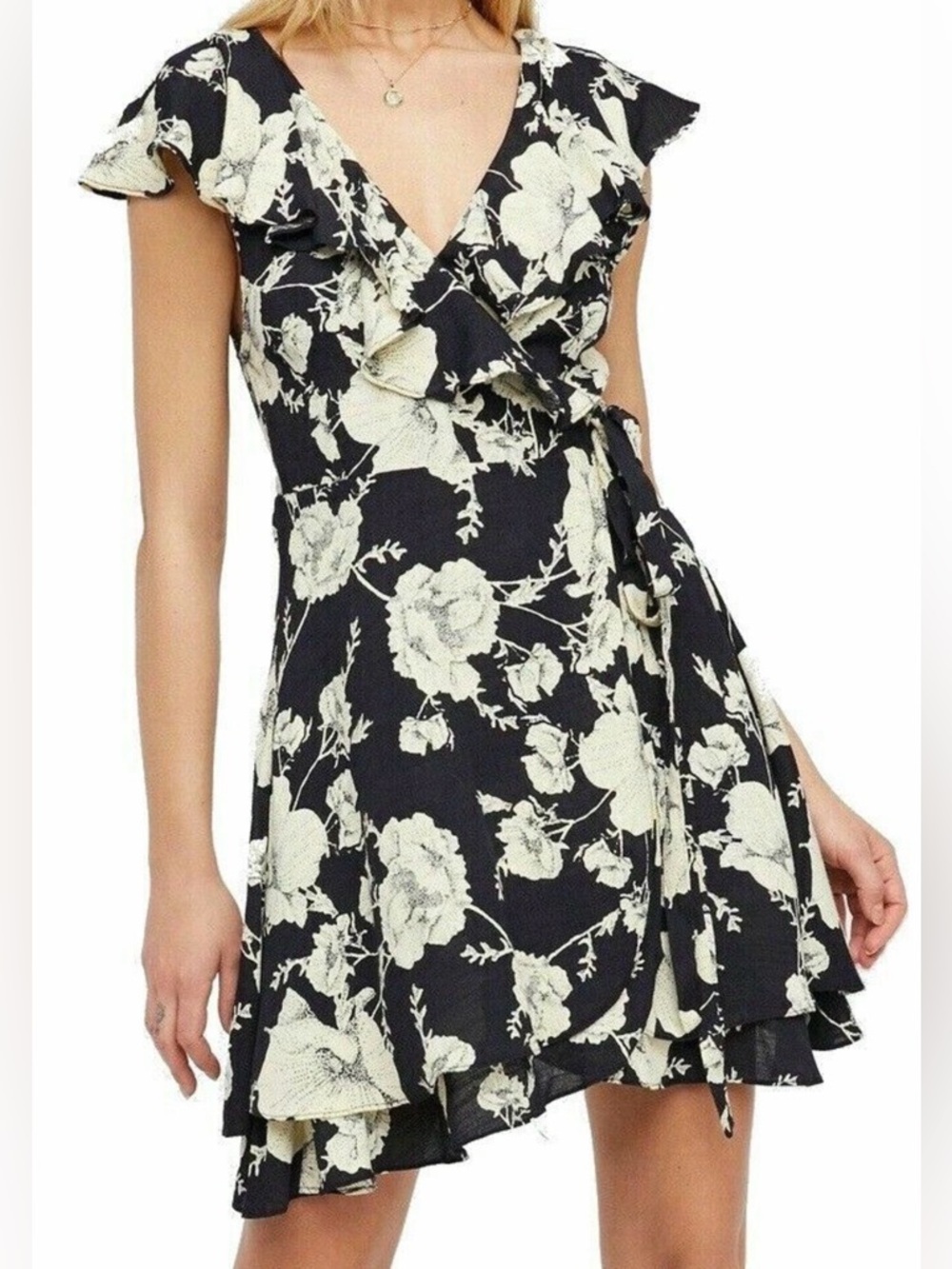 Free People Black Mini Wrap Dress with Cream Floral Print